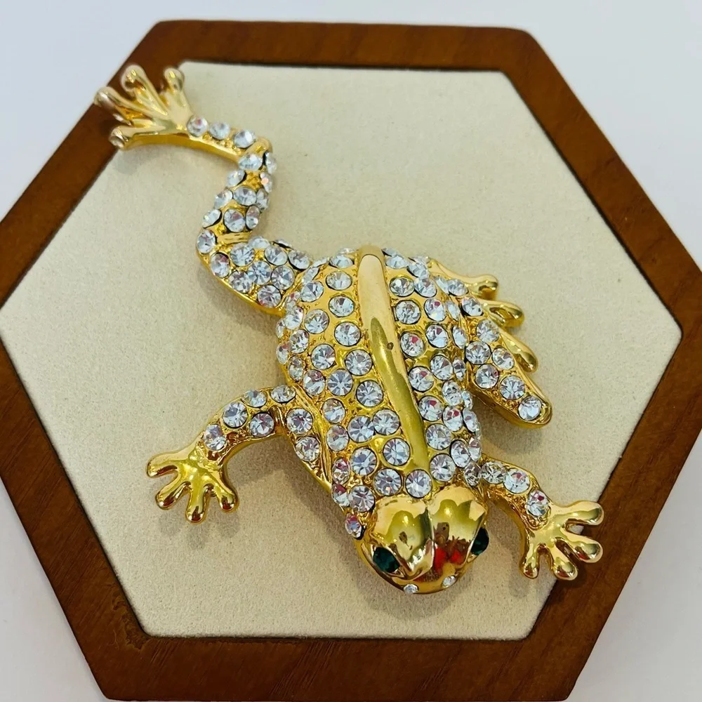 Gold and Crystal Leaping Frog With Emerald Green Eyes Brooch
